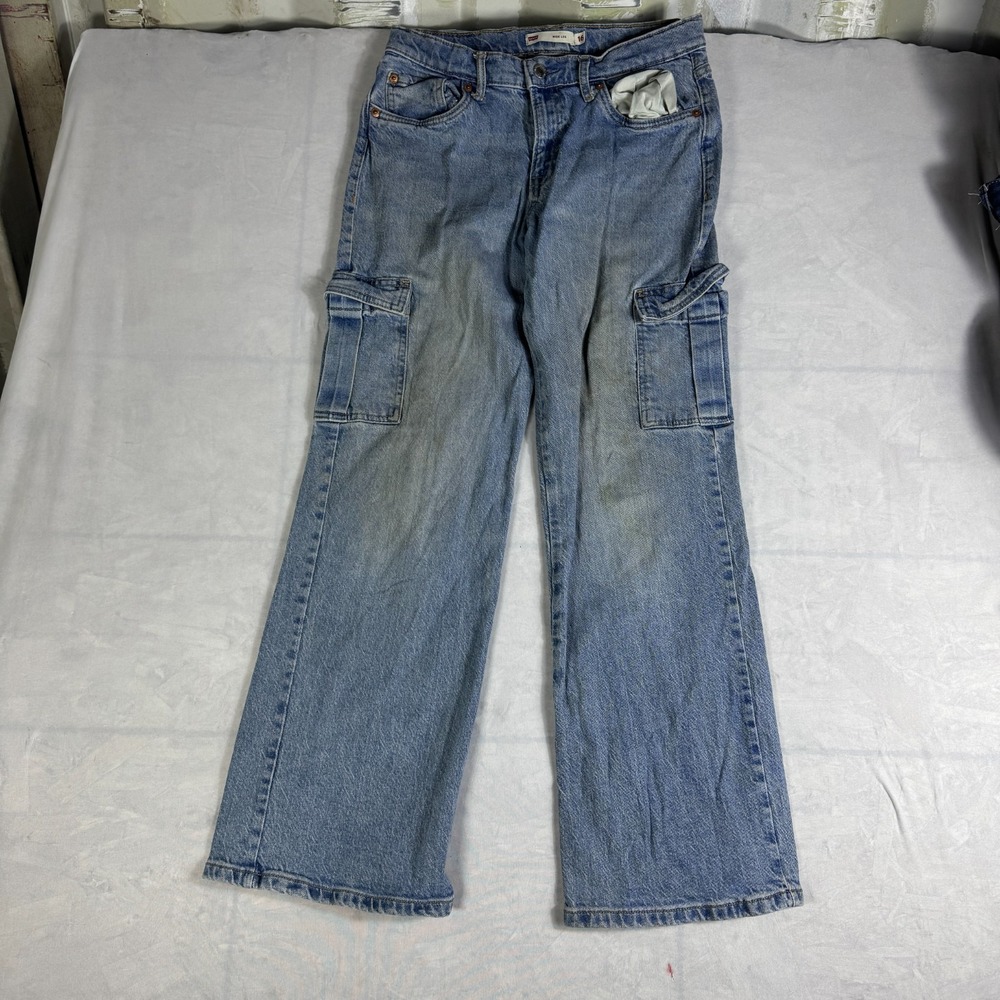Levi's Womens Wide‎ Leg Cargo Jeans Light Blue Denim Y2K Straight Leg Size 16